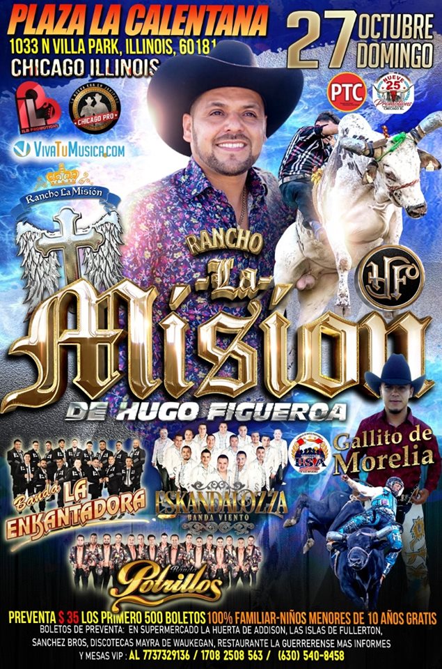 Poster for the Rancho la Mision de Hugo Figueroa Jaripeo y Baile at the Odeum Expo Center in Villa Park Illinois